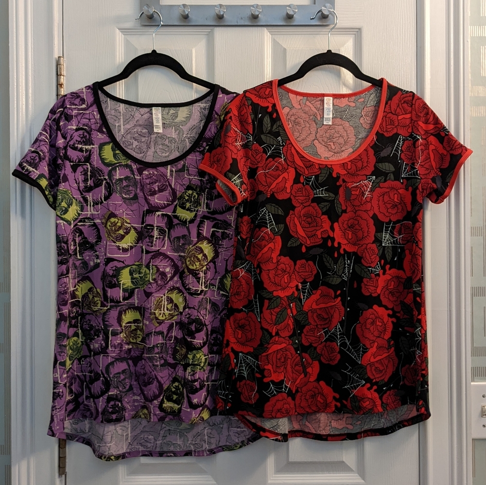 Lot 2 LuLaRoe Halloween classic tee purple Frankenstein and red roses with webs